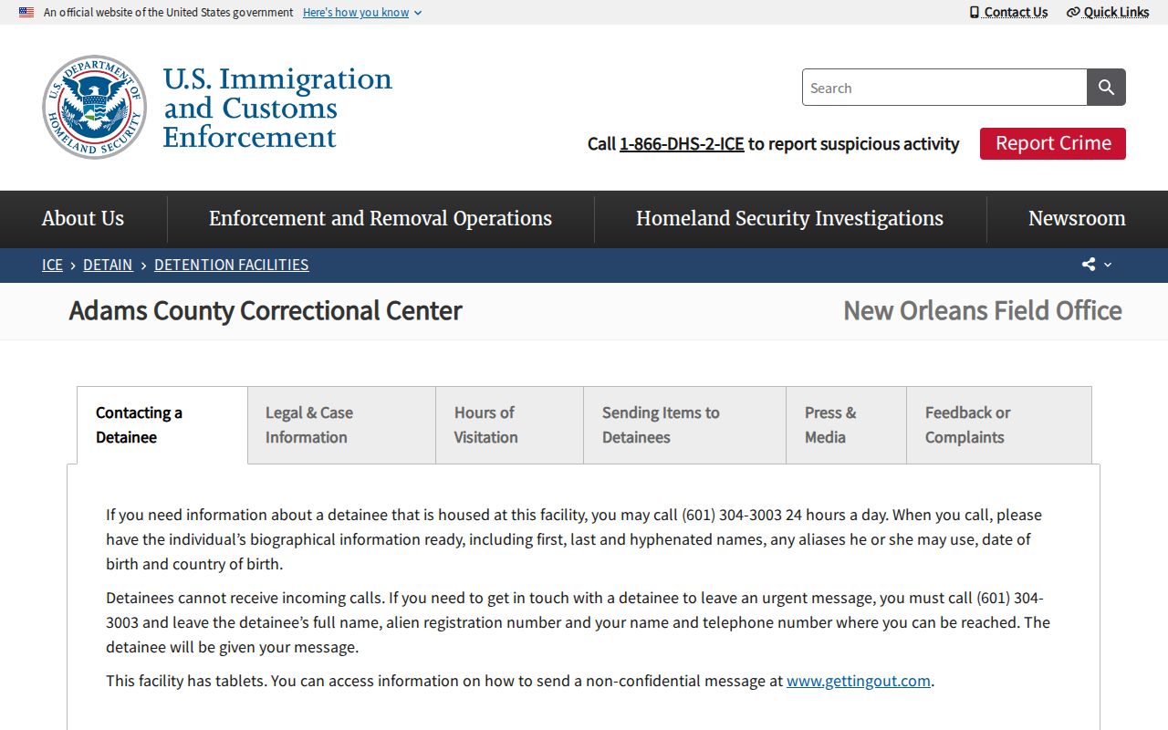 Adams County Detention Center ICE facility release and contact listing
