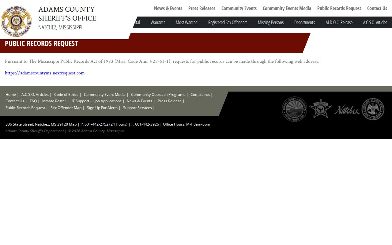Adams County record request route for Concordia Parish transfer and release records