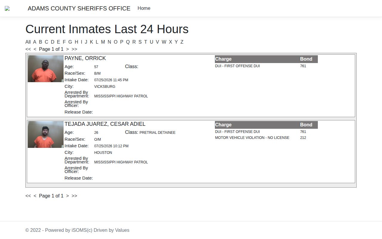 Adams County 24 hour release and intake record fields