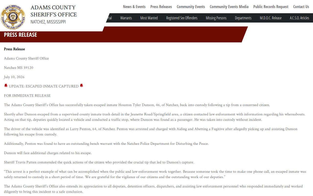 Adams County sheriff news channel for released inmate mugshot research