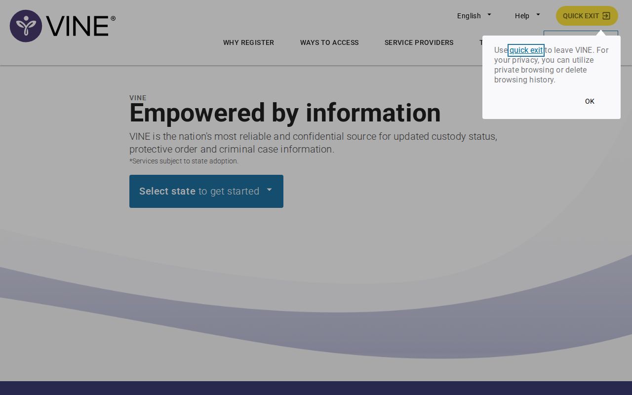 VINELink start page for an Adams County inmate release check